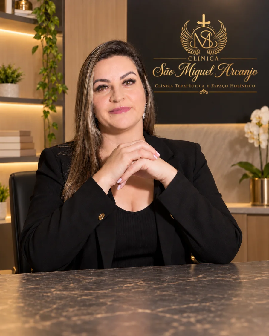 Patrícia Juliana Morais, responsável pela Clínica São Miguel Arcanjo, sentada na recepção da clínica