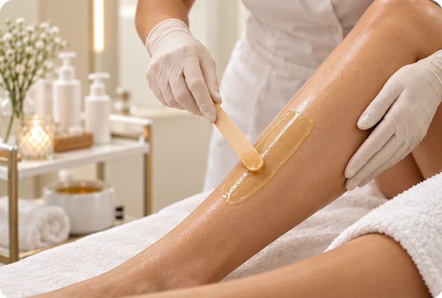 Profissional realizando depilação com cera na perna de uma cliente