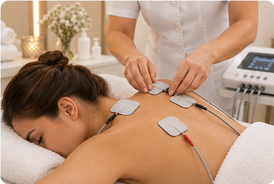Profissional aplicando eletrodos de eletroterapia nas costas de uma cliente