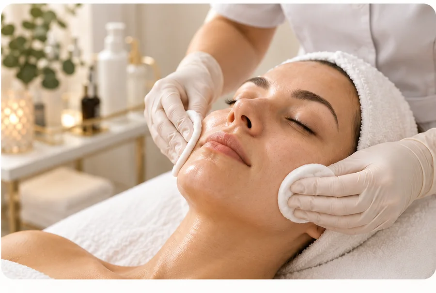 Profissional realizando limpeza de pele facial em uma cliente