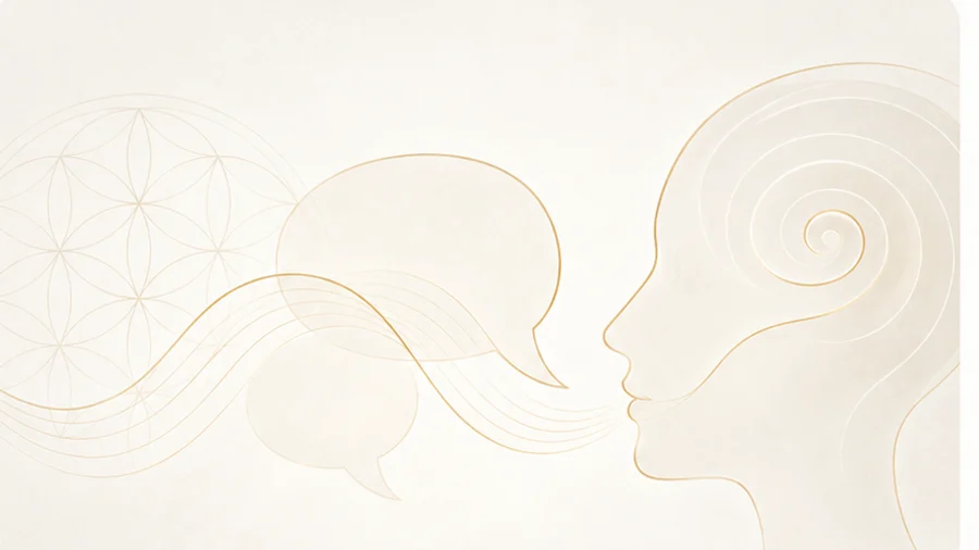 Ilustração de perfil humano com balões de fala representando escuta e reflexão