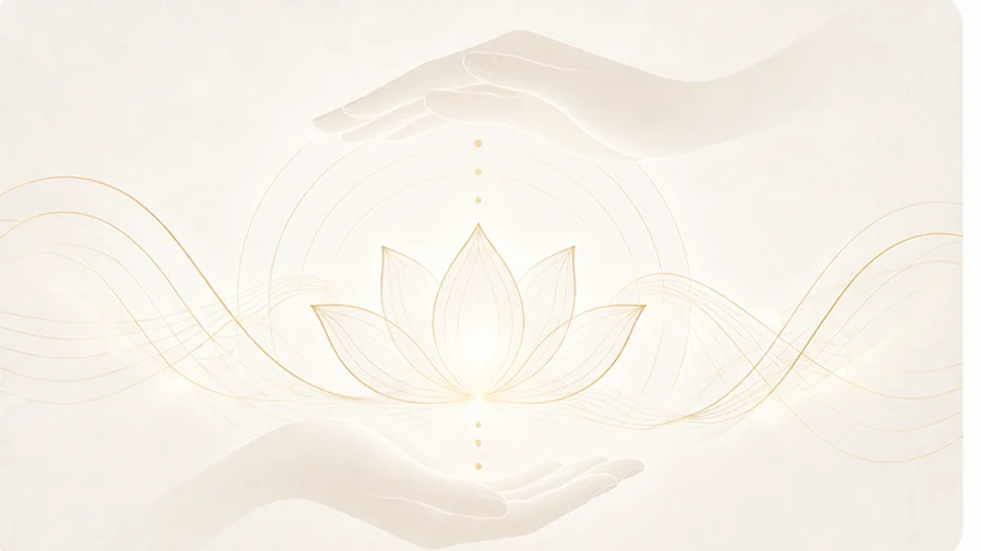 Ilustração de mãos em posição de reiki sobre uma flor de lótus