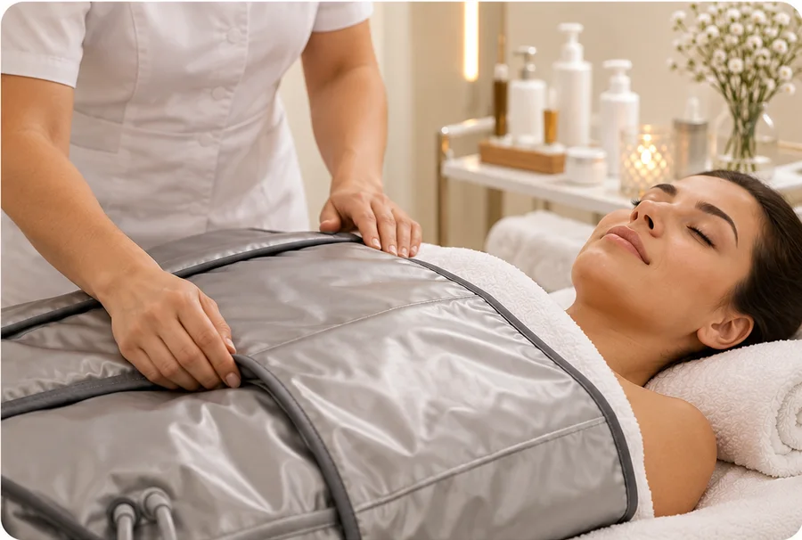 Profissional aplicando manta térmica de termoterapia em uma cliente