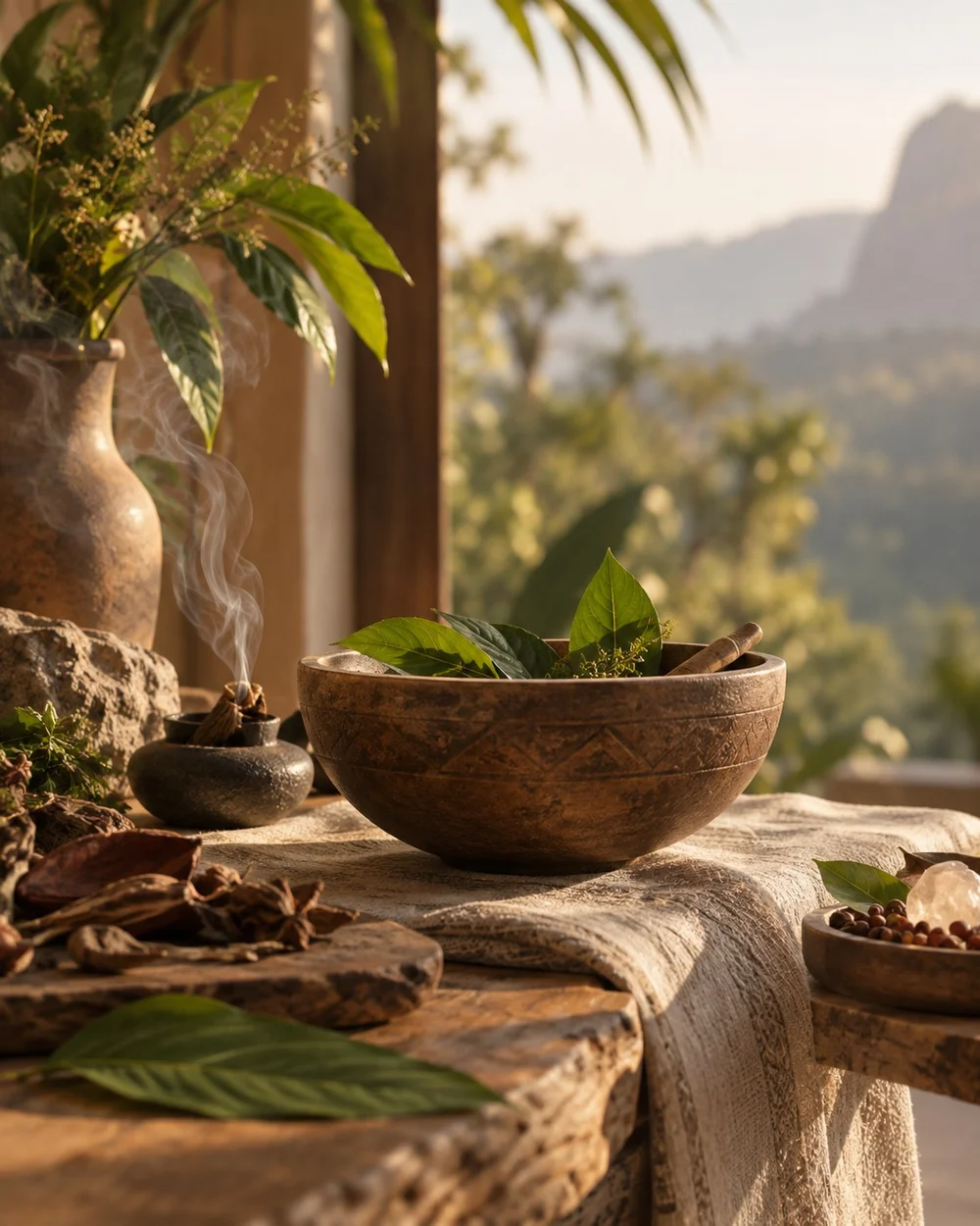 Tigela de madeira com folhas e ervas sobre uma mesa rústica, ao ar livre, em cenário natural